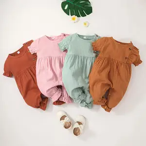 Baju Monyet Bayi Perempuan, Katun Organik Kerah Ruffle Miring Lengan Elastis Baju Monyet Polos Jumpsuit Boxer untuk Bayi Perempuan