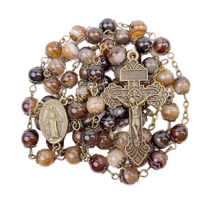 Rosario Católico de Piedras Preciosas con Baño de Bronce Antiguo de 8 mm, con Rayas Color Café, Adornado con Perlas de Ágata y Medalla <span class=keywords><strong>Milagrosa</strong></span> - Product Image 1