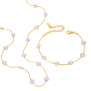 Stainless Steel 18k Gold Pearl Necklace And <b>Bracelet</b> <b>Set</b> Minimalist Baroque Style Fashion Jewelry Gift For Women - Product Image 1