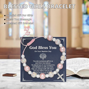 Regali per Prima Comunione e Battesimo per Ragazze - Braccialetti Religiosi in Lega con Perle Imitate (Dio Ti Benedica) per Figlia/Sorella Cattolica - Product Image 4
