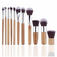 JLY 11 Pcs Pinceaux de maquillage écologiques à manche en bambou, Trousse de cosmétiques portable pour voyage, Pinceau de maquillage portable pour voyage