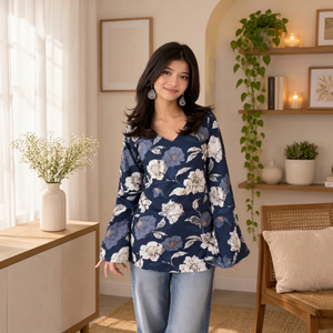 Robe longue à manches longues et col en V pour femme, imprimé floral bleu, en rayonne tissée, style décontracté et ethnique, coupe courte Kurti pour femme, taille ajustée aux hanches - Product Image 1