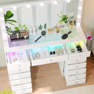 Coiffeuse <span class=keywords><strong>de</strong></span> <span class=keywords><strong>Maquillage</strong></span> <span class=keywords><strong>de</strong></span> Luxe en Bois Blanc <span class=keywords><strong>avec</strong></span> <span class=keywords><strong>Miroir</strong></span> <span class=keywords><strong>Lumineux</strong></span>, Plateau en Verre, Éclairage RVB Intelligent et 15 Tiroirs pour Chambre à Coucher – MOQ 100 en Gros - Product Image 2