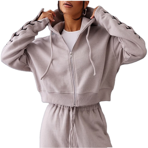 Good quality Women <b>Cropped</b> <b>Zip</b> <b>Up</b> <b>Hoodie</b> Lace <b>Up</b> Sleeve Drawstring Hooded Sweatshirt Casual Autumn Solid - Product Image 1