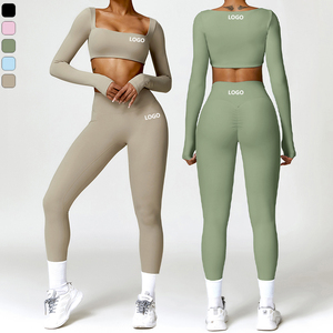 XW-TZ8518-1 Bán Buôn Tùy Chỉnh Dài Tay Áo Crop Top Scrunch Tập Luyện Xà Cạp 2 Mảnh Yoga Hoạt Động Mặc Cộng Với Kích Thước Phòng Tập Thể Dục Tập Thể Dục - Product Image 1