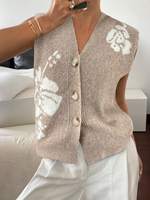 Rompi Rajut Wanita Musim Gugur Kerah V Kancing Depan Motif Bunga Tanpa Lengan Sweater Cardigan Chic Custom OEM ODM Grosir Pabrik