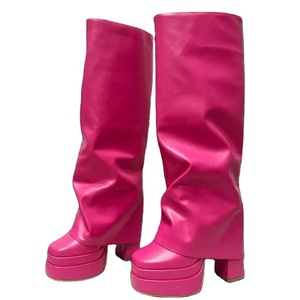 Winter Orange Red Hot Pink Leather Knee High Boots for Women Platform Square Heel Fold Over <b>Height</b> <b>Increasing</b> High Heeled <b>Shoes</b> - Product Image 1