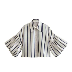 Peter pan collar drop shoulder navy striped women oversized modest blouses & shirts