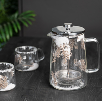 French Press Kaca Dinding Ganda Stok Pabrik, Bunga Kering Terpasang, Kaca Borosilikat Tinggi, Tutup Stainless Steel, Aman untuk Mesin Cuci Piring