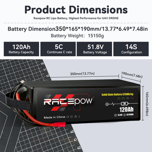 Racepow 425wh/kg 2-5C 120Ah 22.2V 6S 12S 14S 18S 44.4V Paket Baterai Lipo Solid State untuk Drone Kargo/Tugas Berat/Pemuatan Berat/Vtol - Product Image 3