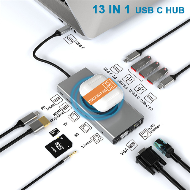 USB C Hub Adapter with 4K HDTV VGA Ethernet RJ45 Wireless Charger 100W PD SD/TF Docking Station for MacBook Pro Huawei Lenovo
