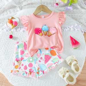 Conjunto de Dos Piezas Casual de Verano para Bebés Niñas, Transpirable, con Blusa de Manga Corta con Volantes y Flores, para Ropa de Bebé - Product Image 1