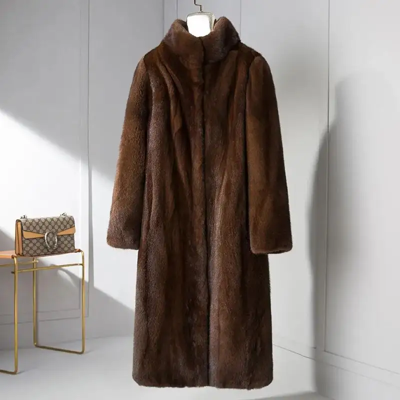 Outono e inverno novo vison marrom pele trench coat unisex fur coats real fur coat mulheres longo couro