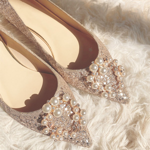 2025 Nieuwe Dames Zomer Bruiloft Instappers Platte Schoenen Parel Spitse Teen Lage Hak Ondiepe Mond Kristal Pailletten - Product Image 3