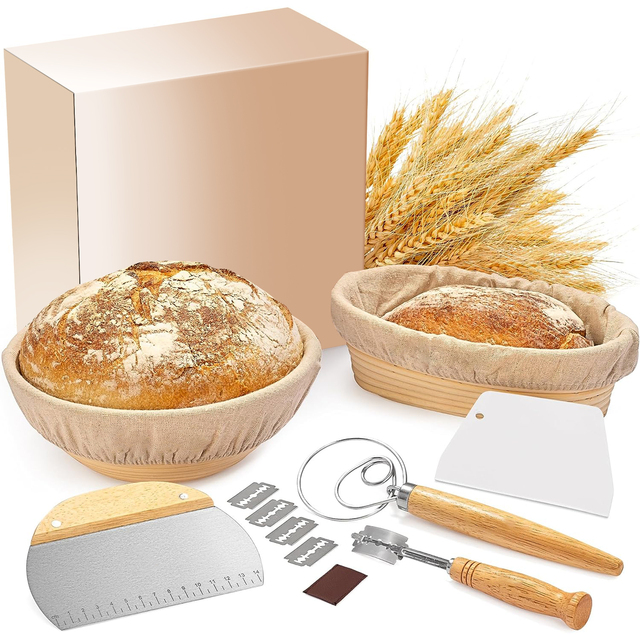 Sourdough Bread Baking Supplies and Proofing Basket, Complete Bread Making Kit- 9" Round & 10" Oval Basket, Lame, Whisk, Scraper