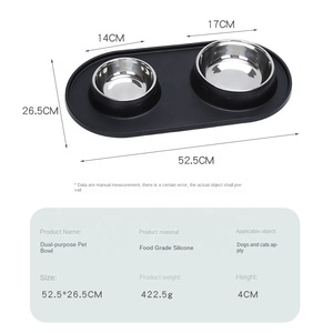 Tapis d'alimentation pour animaux de compagnie en silicone de qualité alimentaire personnalisé avec deux bols en acier inoxydable, bord surélevé, plateau pour nourriture et eau pour chiens et chats, LFGB RoHS - Product Image 5