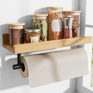 Wooden Wall Mounted Toilet <b>Paper</b> Holder With Shelf No Drill Required For <b>Kitchen</b> Bathroom Storage Organizer - Product Image 1