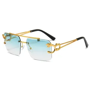 Whosale Cheap Vintage Leopard Head Double Bridge Stylish Rimless Fashion Sun Glasses 2024 Women And Men Sunglasses