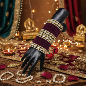 <b>Gold</b> Plated Kundan Stone and Pearls Velvet <b>Bangles</b> <b>Set</b> Elegant Pearl Bracelets - Product Image 3