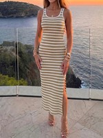 Robe longue moulante en maille côtelée à rayures, col carré, sans manches, pour le printemps et l'été