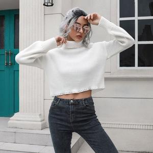 <span class=keywords><strong>Pull</strong></span> court ample en maille pour <span class=keywords><strong>femme</strong></span>, <span class=keywords><strong>col</strong></span> montant, manches longues, blanc, avec ourlet ajouré, collection automne-hiver - Product Image 3