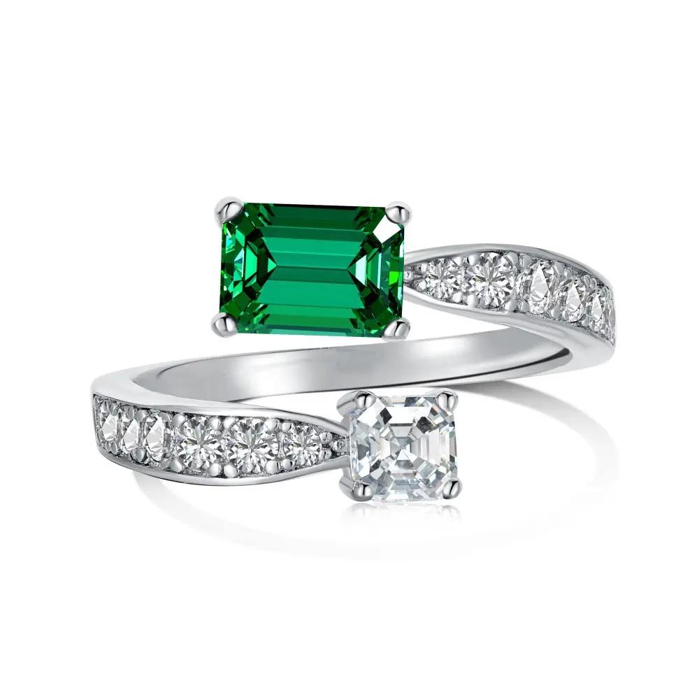 2023 hợp thời trang hai-đá nhẫn cho cô gái Emerald cắt toi ET MOI 925 Vòng CZ Cubic Zirconia bạc trang sức Wedding party