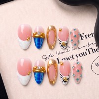 Faux ongles à presser en acrylique faits main, double gaufrage, motif vague océanique dorée, forme amande moyenne française, couvrance totale, 10 pièces