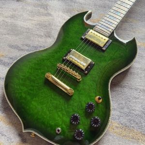Chitarra Elettrica SG a <span class=keywords><strong>6</strong></span> Corde in Mogano Figurato Verde, Corpo Solido, Tasti e Pickup Humbucker per Pratica ed Esibizioni - Product Image 6