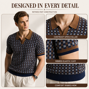 Polo à manches courtes en tricot jacquard à carreaux en Lyocell pour homme, avec logo personnalisé, haut de gamme, léger, décontracté, pour l'été - Product Image 3