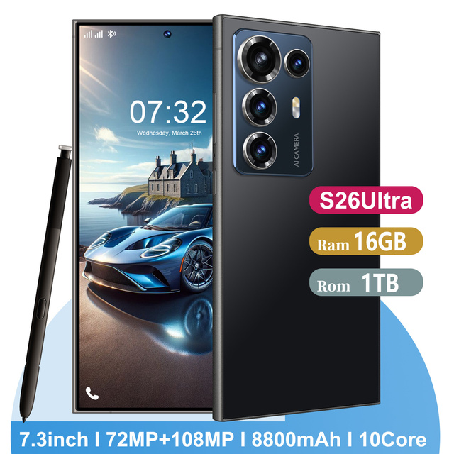 S26 Ultra Original 5G Smartphone 7.3" HD 72MP 10-Core 8800mAh Unlocked Mobile Phone 108MP Rear Camera LTE Cellular English Phone