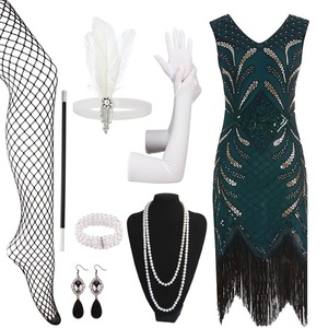 Vestido Retro de los Años 20 con Lentejuelas y Cuentas, Estilo Gatsby, Talla Grande, Conjunto de Disfraz para Mujer con Guantes, Collar, Ocho Piezas - Product Image 4