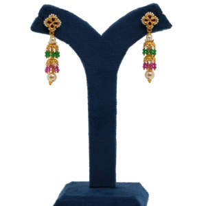 Pendientes Jhumka de piedras preciosas multicolores de oro fino de 22 quilates con perlas pendientes colgantes nupciales hechos a mano joyería de oro tradicional india - Product Image 3