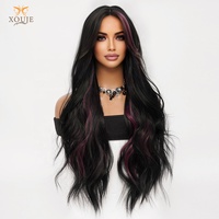 Perruque synthétique noire avec mèches violettes, ondulations lâches, fibres haute température, boucles longues et volumineuses, pour femme, usage quotidien, vacances, ajustable