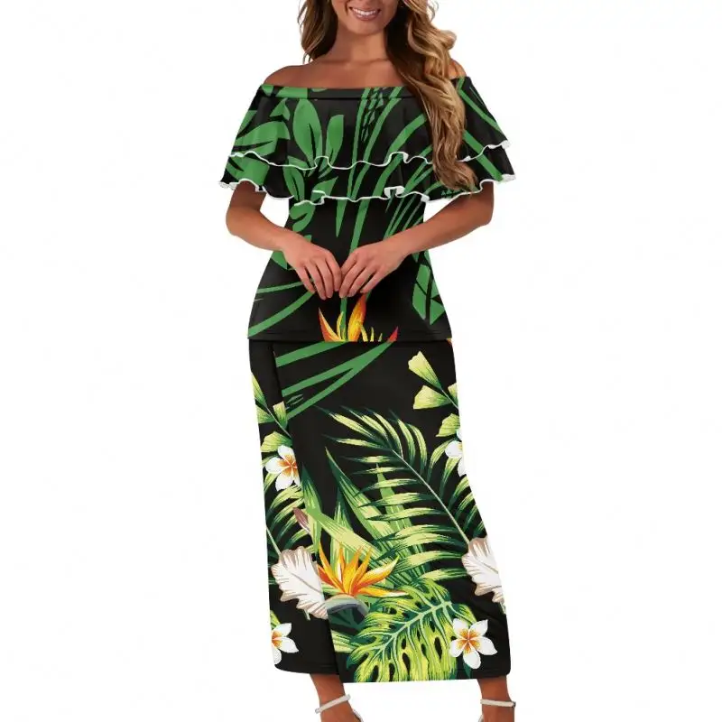 Blauwe Pacific Eiland Jurk Eiland Vrouwen Jurk Elegante Zomer Vrouwen Tribale Polynesische Midi Rok Tweedelige Set