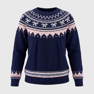 Suéter de Cuello Redondo Azul Marino para Mujer Talla Grande con Patrón de Lazo, Jersey de Punto de Manga Larga, Ropa Casual de Invierno - Product Image 3