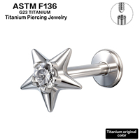 Piercing de corps en titane ASTM F136 G23 plaqué or, avec étoile solide à 5 branches et zircon cubique rond, pour labret, tragus, cartilage, hélix, lèvre