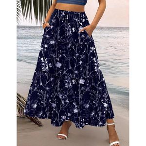 FOXA Womens Floral Printed Maxi <b>Skirt</b> High Waist A-Line <b>Long</b> Flowy <b>Skirt</b> With Pockets Boho Style <b>Summer</b> <b>Skirt</b> - Product Image 3
