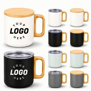 Custom Logo 400Ml <b>Bamboo</b> Handle With Lid Promotional Gifts Coffee Tea Office Insulated Stainless Steel Travel <b>Mug</b> - Product Image 1