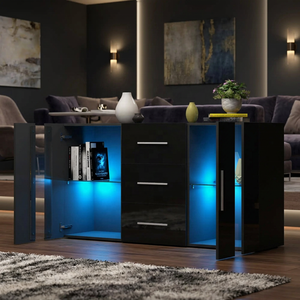 Buffet moderne noir brillant avec éclairage LED, 3 tiroirs, meuble de rangement pour salon, credenza - Product Image 4