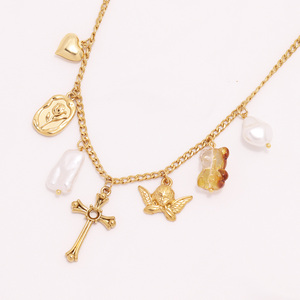 Designer oro 18k in acciaio inox PVD placcato oro molti charm cupido piccolo orso croce perla ciondolo collana a catena gioielli - Product Image 1