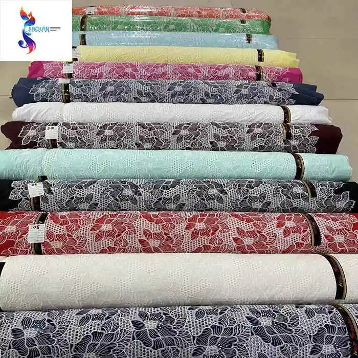 Tissu de broderie fantaisie en coton brodé en gros tissu de coton prêt à l'emploi stock de marchandises tissu de broderie de bordure pour robe