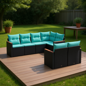 Juego de sofás de patio de ratán sintético negro, 7 piezas con cojines, muebles de exterior, estilo contemporáneo, diseño moderno - Product Image 2