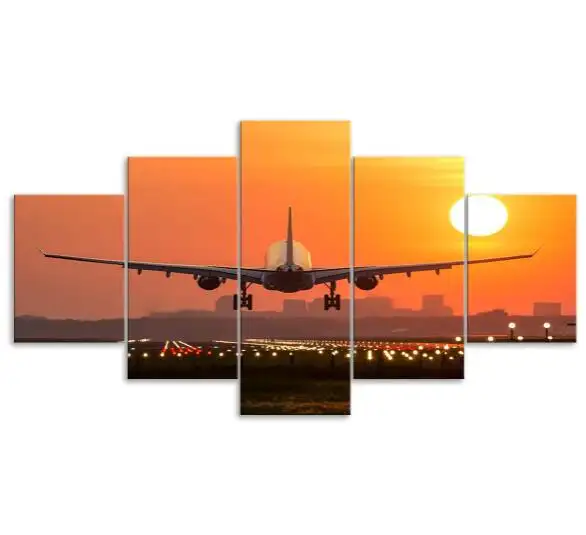 Vintage Airplane Canvas Art 5 Pieces Painting Jet Plane Flying Over Runway At Sunset Poster Wall For Living Room Bedroom