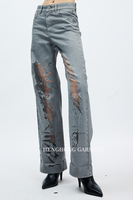 Jean droit femme tendance streetwear OEM Y2K en denim semi-transparent gaufré, déchiré et évidé, taille mi-haute