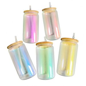 16Oz 20Oz Blank Sublimation Rainbow Glitter Iridescent Can Glass With <b>Bamboo</b> Lid and <b>Straw</b> for Hot Printing - Product Image 1