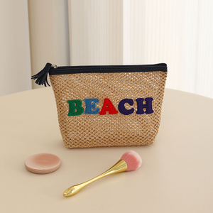 Borsa Cosmetica in Paglia con Lettere Ricamate Colorate, Pochette da Spiaggia per Donne, Ideale per <span class=keywords><strong>Viaggi</strong></span> Estivi - Product Image 3