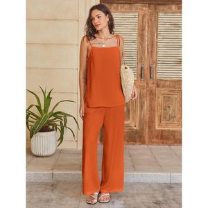 FOXA Womens 2 Piece Summer Set Sleeveless <b>Top</b> Wide Leg Pants Loose Loungewear Vacation Outfits Breathable Crepe Fabric - Product Image 2