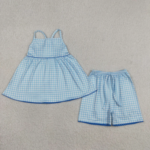 New Toddler Girls Casual Summer <b>Clothes</b> Blue White Gingham Sleeveless Top with Shorts 2-Piece Spandex/Cotton Outfit - Product Image 2