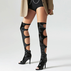 Bottes longues à talons hauts pour femmes, grandes tailles 46, à bout ouvert, découpées à l'arrière, en cuir verni, avec fermeture éclair, au-dessus du genou - Product Image 6