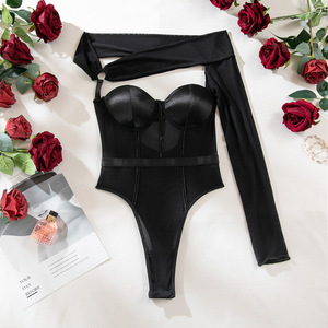 Body de lencería sexy de malla transparente con un solo hombro y manga larga, <span class=keywords><strong>push</strong></span>-<span class=keywords><strong>up</strong></span>, corte alto, moldeador, talla grande, ropa de mujer OEM, nuevo. - Product Image 6